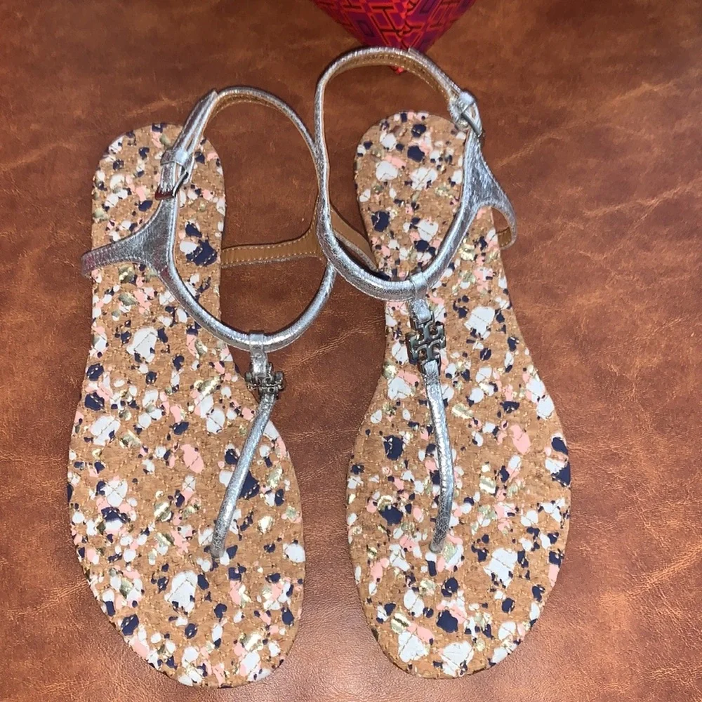 Tory Burch marion quilted sandals confetti reverse metallic silver new box 5.5
